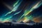 Night terrestrial landscape with aurora northem lights in the sky, neural network generated art