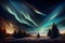 Night terrestrial landscape with aurora northem lights in the sky, neural network generated art