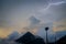 Night thunder storm. Lightning with sunset and clouds over volcano Fuego.