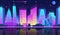 Night time cityscape neon pixel background with hight buildings. Pixelated night city for game