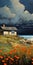 Night Time Coastal House Art Quilt Print On Canvas