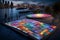 A night-time image of a mosaic podium on a waterfront promenade, with the podium illuminated by colorful LED lights,