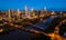 Night time nightscape aeral drone view above Austin Texas Skyline Cityscape illuminated city lights