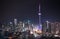 Night in Toronto. Long exposure of urban lighted skyline on a hot humid August evening.