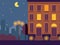 Night town street, light in house windows, vector illustration. Quiet residential neighborhood, evening city streetlight