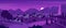 Night town or village in purple mountain summer landscape, farm houses, orchards by river