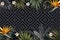 Night tropical banner flowers leaves geometrical background