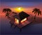 Night tropical island. Palm trees and shack on beach