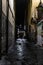 Night urban scene on a wet cobble stone street in Pisa, Italy