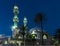 Night view from the adjacent street to the Ahmadiyya Shaykh Mahmud mosque in Haifa city in Israel