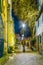 Night view of an alley passing cathedral in Leicester, England