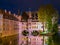 Night view of the ancient Nurnberg Heilig Geist Spital building (Hospital of the Holy Ghost) in Nuremberg, Germany