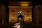 Night view of the Arc de triomphe in Montpellier, France