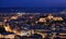 Night view of Athens and Acropolis from Lycabettus hill, Parthenon, Saronic Gulf, Hellenic Parliament. Famous iconic