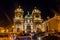 Night view of Basilica menor cathedral in Trujillo