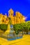 Night view of the basilica Minore di San Nicolò and the monumento ai caduti della grande guerra in Noto, Sicily, Italy