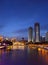 Night view of beautiful Anshun Bridge above Jinjiang river, and downtown of Jiuyanqiao in the blue hour