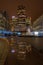 Night view of Cabot Square in Docklands, London, UK