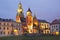 Night view of the cathedral of St Stanislaw and St Vaclav and Royal Castle on the Wawel Hill,