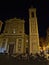 Night view of Catholic church Cathedrale Sainte-Reparate in the historic center of Nice, France with illuminated facade.