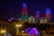 Night view of central business district with neon highlighted buildings and skyscrapers, Baku