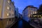 Night view on Certovka river and ancient buildings in Prague. Channel between Kampa island and Mala strana.