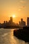 The night view of the city of Yeouido, a high-rise building, shot at Dongjak Bridge in Seoul at sunset