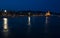 Night view of the coast in Sitges town near Barcelona in Catalonia,Spain with Parroquia de Sant Bartomeu i Santa Tecla church