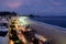 Night view of Copacabana beach during sunset in early evening, taken from the rooftop of a hotel, sky is purple. Rio de Janeiro, B