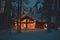 A night view of cozy wooden scandinavian cabin cottage chalet house covered in snow near ski resort in winter with the lights turn