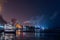 Night view from the embankment of Rostov-on-Don on river Don to the east. River cruise ship in winter mooring