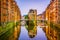 Night view of the famous water castle in the Speicherstadt warehouse district in Hamburg, Germany