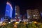 Night view of the futuristic architecture of Sanlitun Soho buildings in downtown Beijing