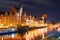 Night view of Gdansk harbor and Motlawa river, located in the Old Town of Gdansk city, Poland