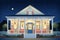 night view of a greek revival styled house featuring a lit porch, magazine style illustration