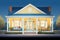 night view of a greek revival styled house featuring a lit porch, magazine style illustration