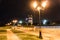 Night view on Hassan tower from the square with lanterns and Flags in Rabat, Morocco. Unfinished mosque minaret