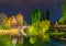 Night view of historical old town with view of Weinstadel, bridge and Henkerturm tower in Nurnberg, Germany