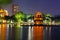 Night view of the Hoan Kiem Lake and the Turtle Tower, Hanoi in Vietnam.