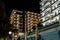 Night view of hotels buildings on a promenade of Golden Sands resort