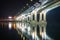 Night view of illuminated bridge above of river Don in Rostov-on-Don in Russia