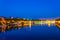 Night view of illuminated riverside of Rhone river in Lyon, France