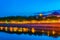 Night view of illuminated riverside of Rhone river in Lyon, France