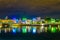 Night view of illuminated riverside of Rhone river in Lyon, France