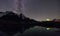 Night view of illuminated tent near lake