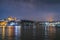 Night view of Istanbul cityscape  Suleymaniye Mosque Rustem Pasha Mosque with floating tourist boats in Bosphorus ,Istanbul