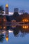 Night view of Lake Clara Meer and skyscrapers, Atlanta, USA