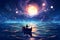 Night view of a man rowing a boat among many glowing moons floating on the sea, digital art style, illustration.GenerativeAI.