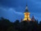 Night view of the Metropolitan Cathedral over the surrounding trees, Timisoara, Romania