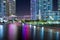 Night view of the Miami River in the Brickell neighborhood of Miami
